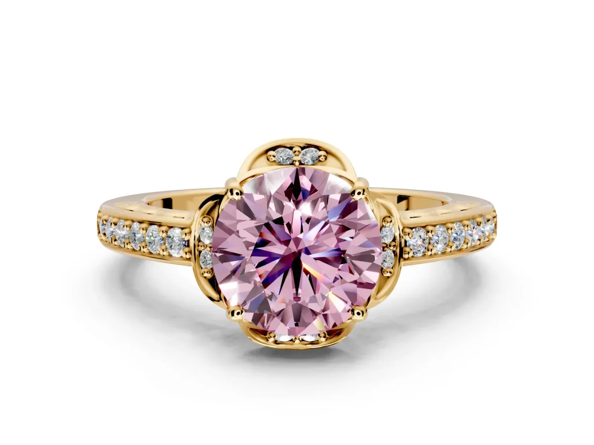 Floral Engagement Ring Setting for Fancy Pink Round Cut Center with Four Accent Clusters and Prong Head in Yellow Gold