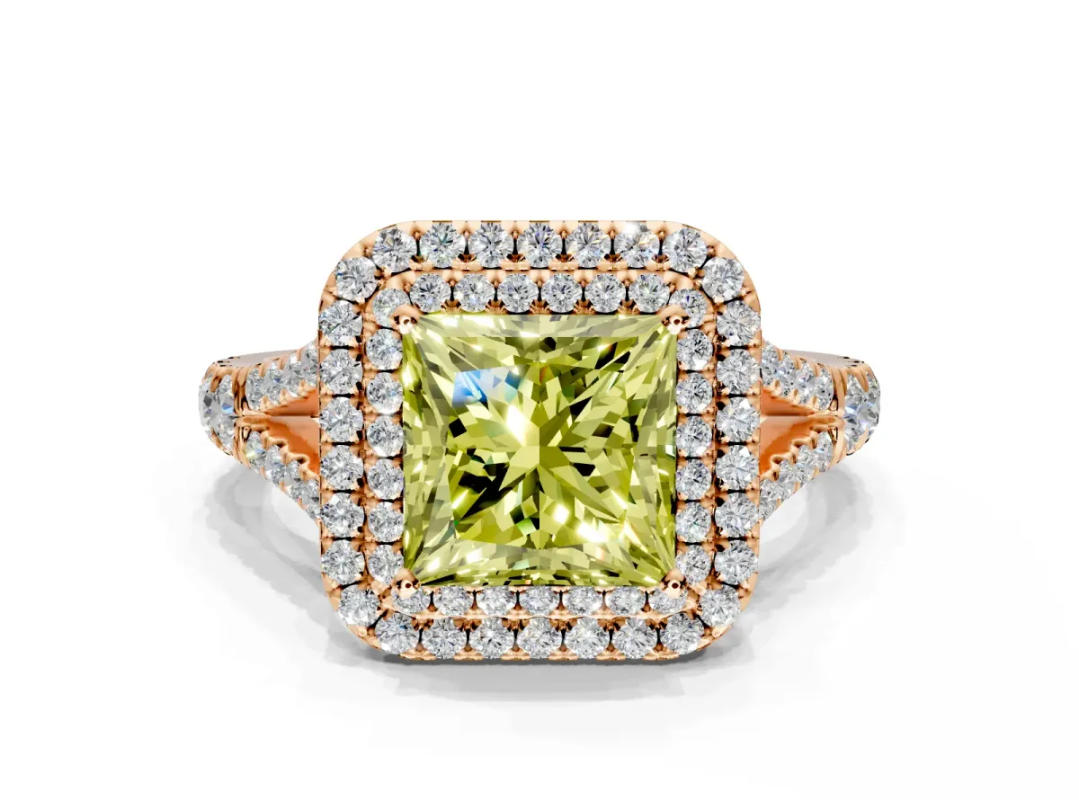 Double Halo Engagement Ring Setting for Fancy Yellow Princess Cut Center with Narrow Pave Split Shank and Prong Head in Rose Gold