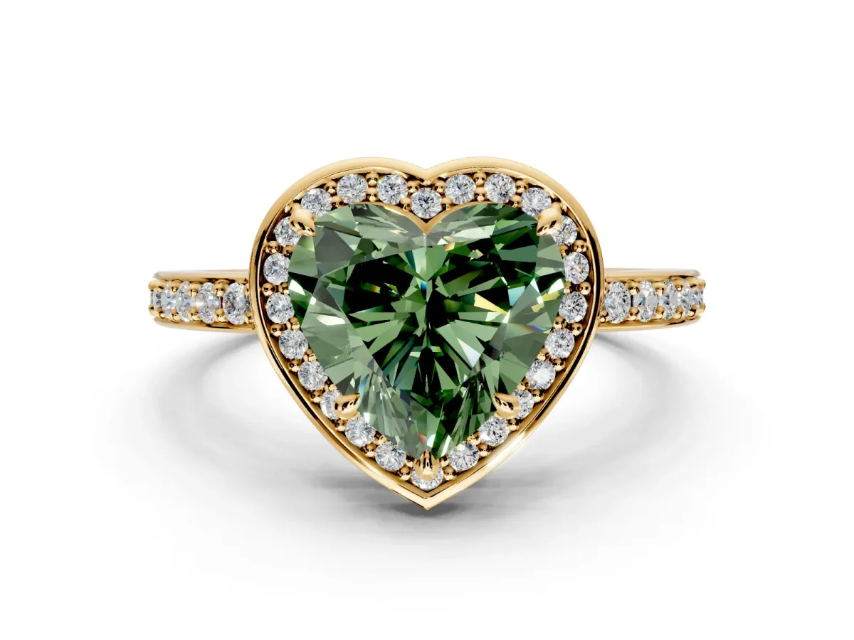 Halo Engagement Ring Setting for Fancy Green Heart-Shaped Center with Metal-Rimmed Halo, Pave Band and Prong Head in Yellow Gold