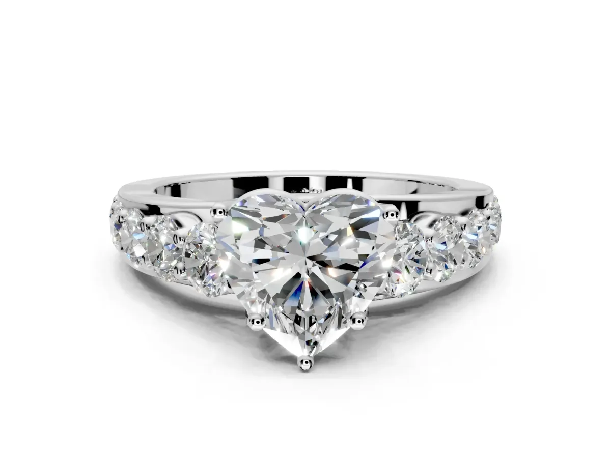 Solitaire Engagement Ring Setting for Heart-Shaped Center with Graduated Shared Prongs and Prong Head in White Gold
