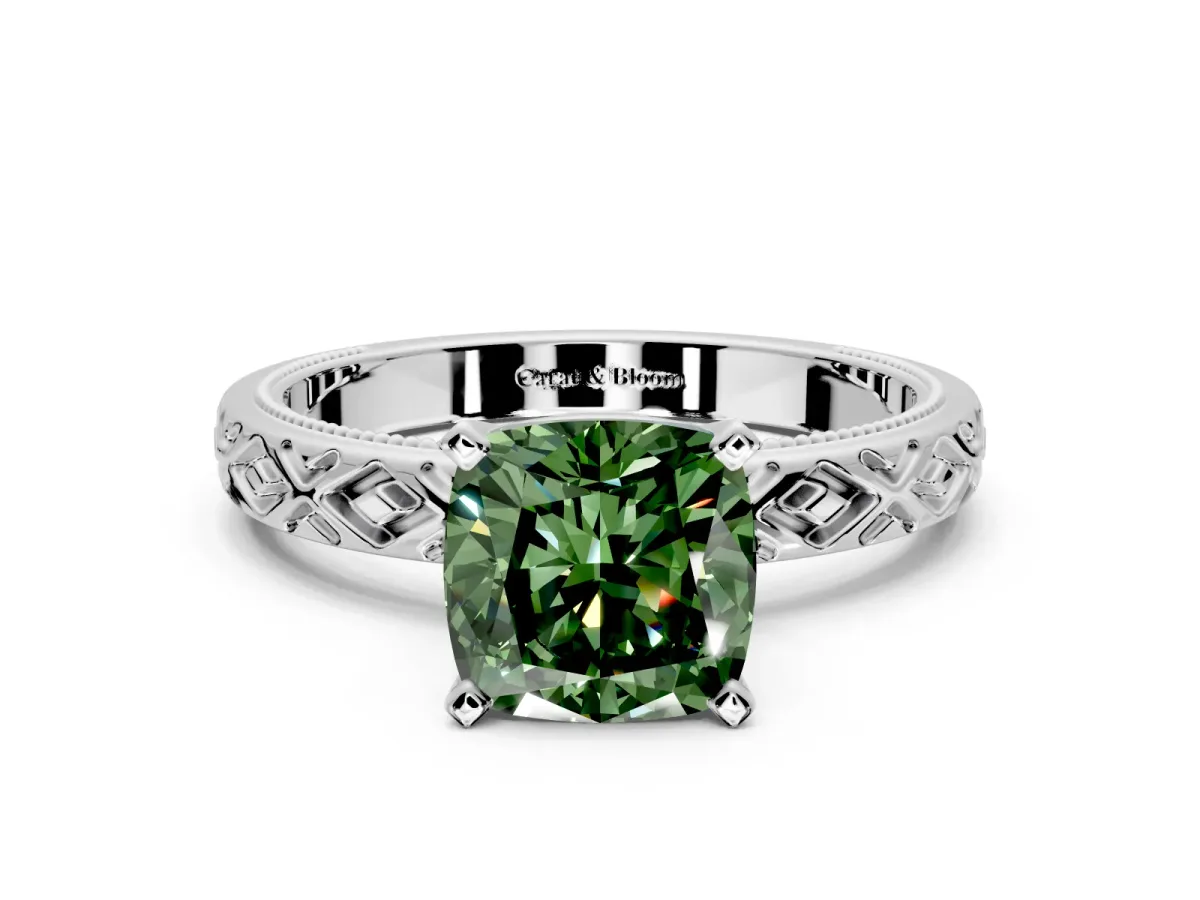 Solitaire Engagement Ring Setting for Fancy Green Cushion Cut Center with Milgrain X Pattern Band and Prong Head in Platinum