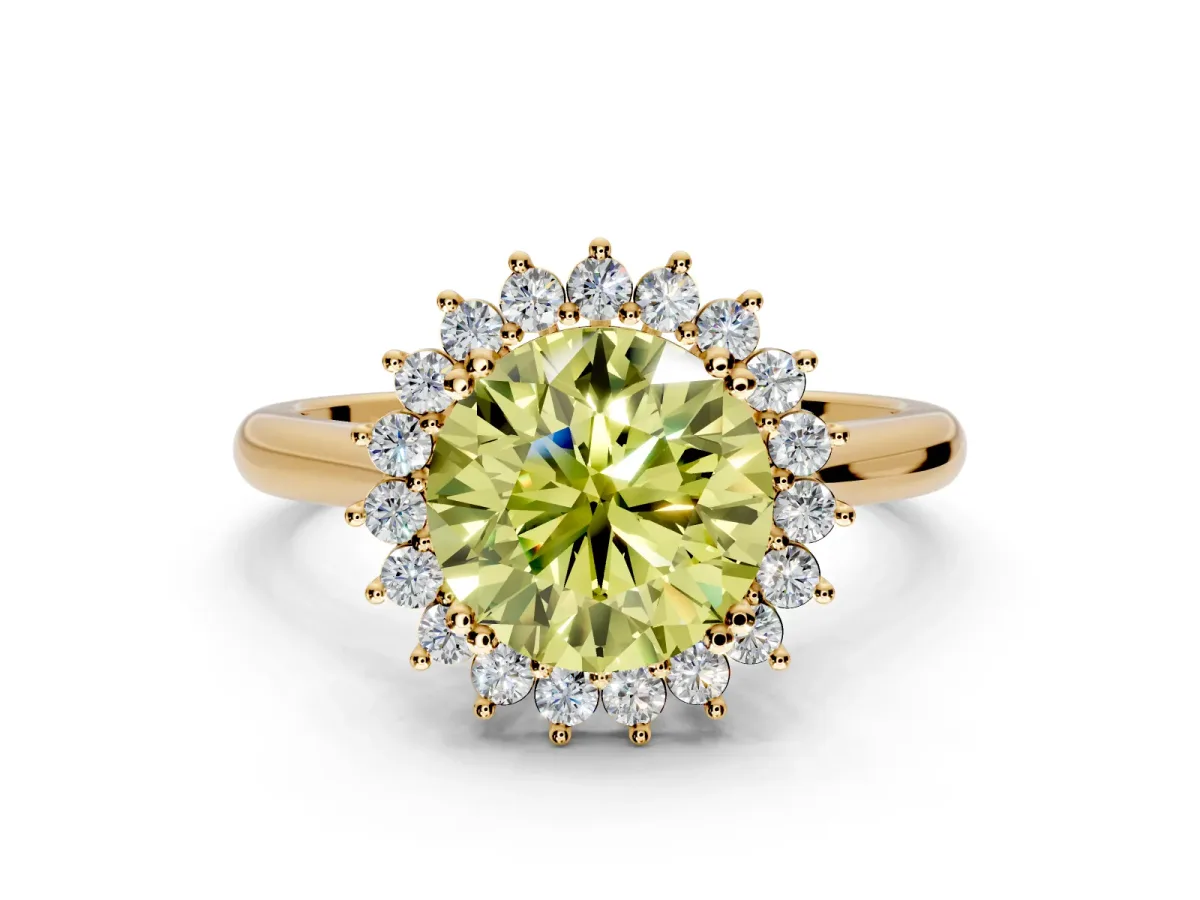 Starburst Halo Engagement Ring Setting for Fancy Yellow Round Cut Center with Thin Round-Wire Band and Prong Head in Yellow Gold