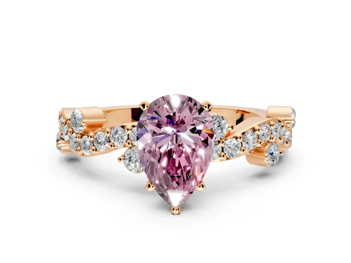 Solitaire Engagement Ring Setting for Fancy Pink Pear-Shaped Center with Bar-Station Pave Twist and Prong Head in Rose Gold