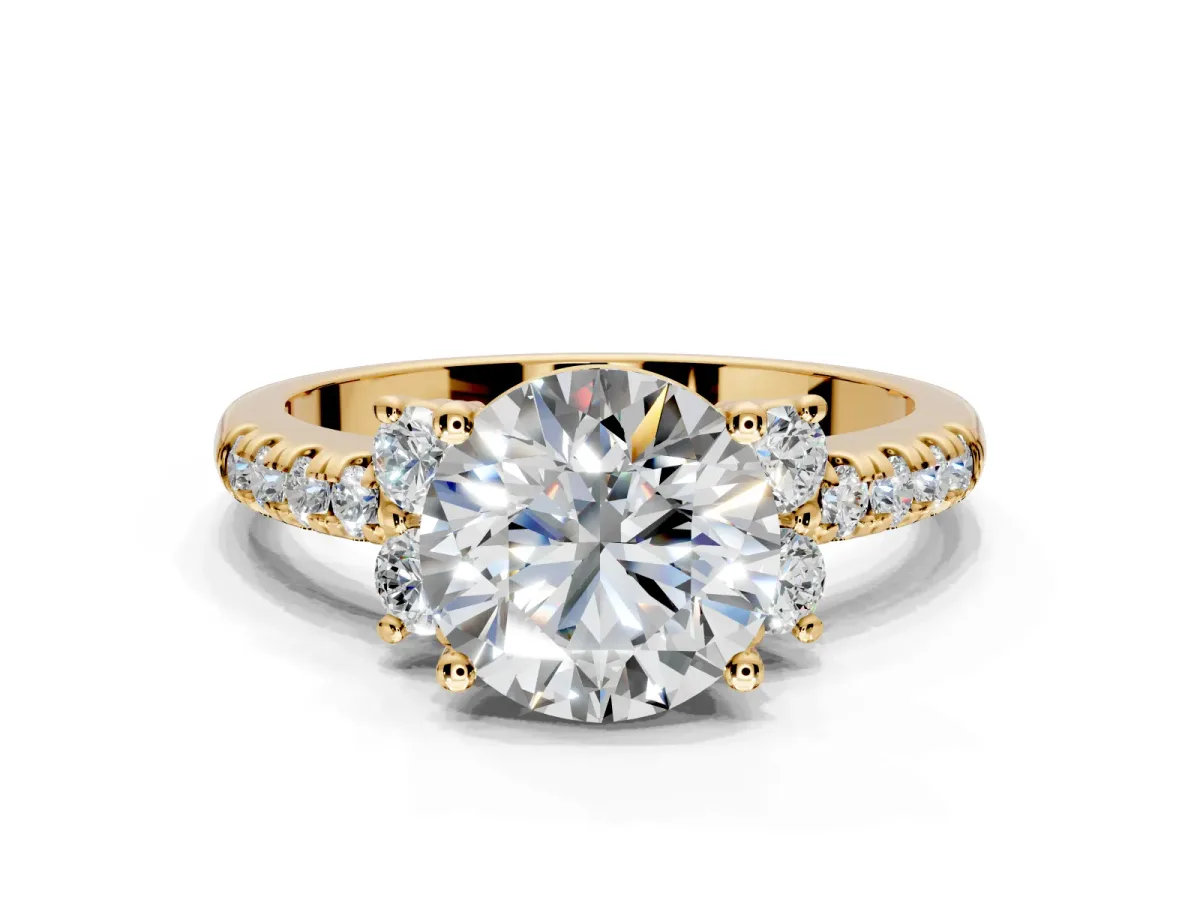 Paired Accent Engagement Ring Setting for Round Cut Center with Pave Band and Prong Head in Yellow Gold
