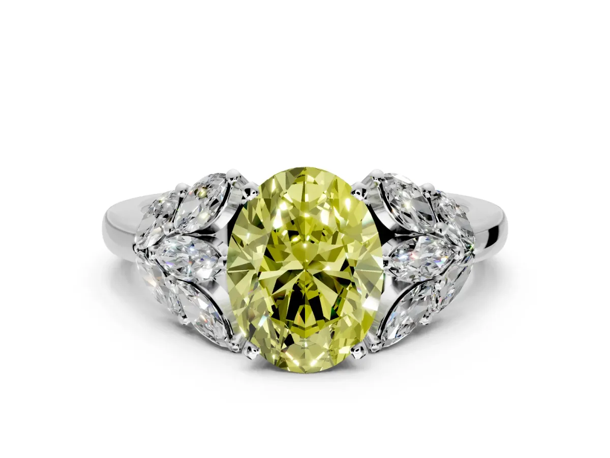 Leaf Cluster Engagement Ring Setting for Fancy Yellow Oval Center with Marquise Accents and Prong Head in Platinum