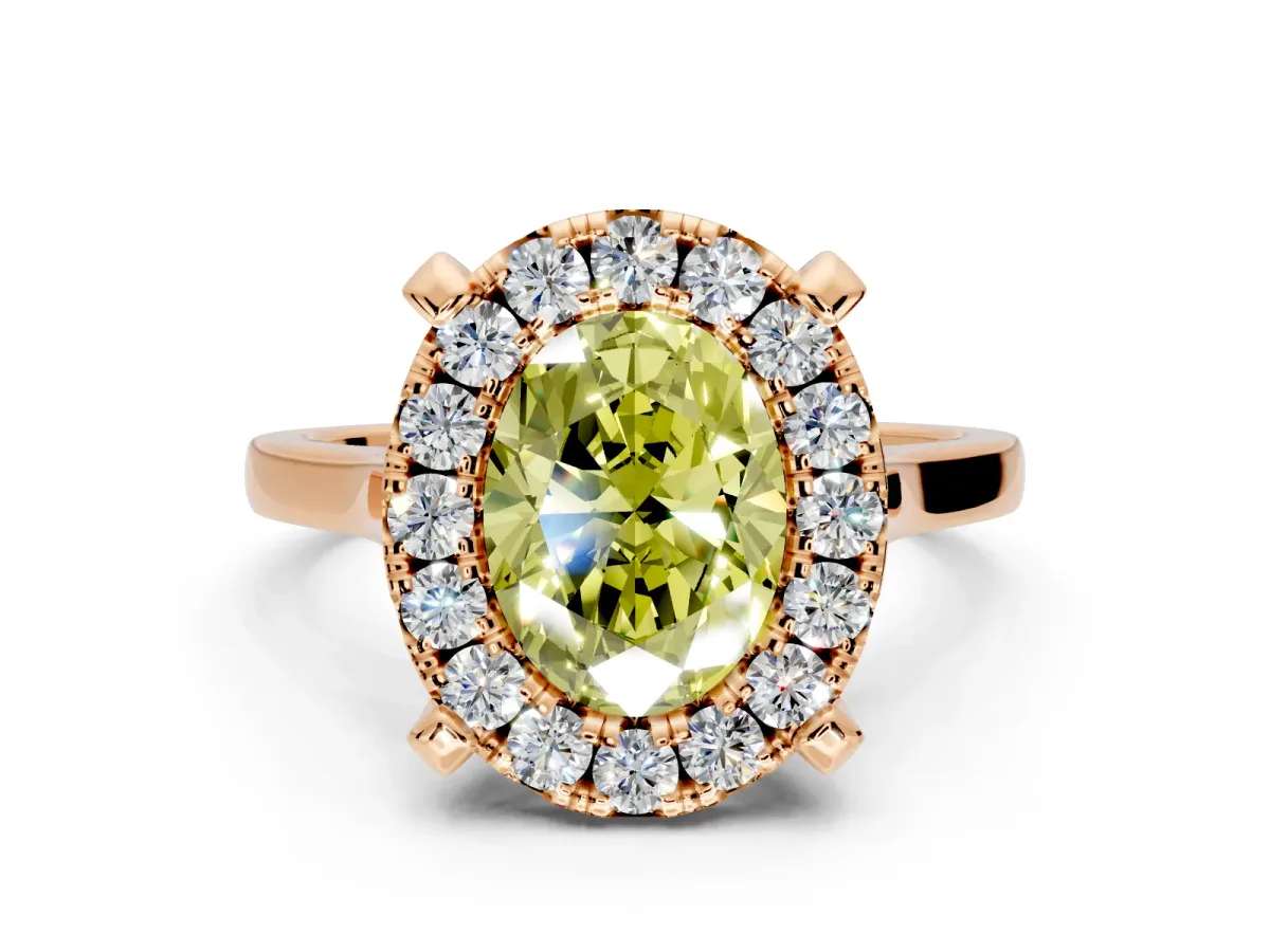 Single Halo Engagement Ring Setting for Fancy Yellow Oval Center with Corner Claws, Plain Band and Prong Head in Rose Gold