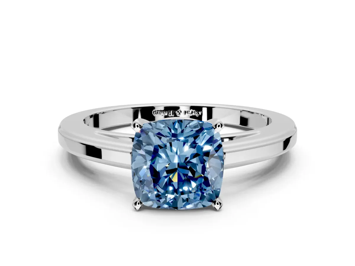 Solitaire Engagement Ring Setting for Fancy Blue Cushion Cut Center with Flat-Sided Plain Band and Prong Head in Platinum
