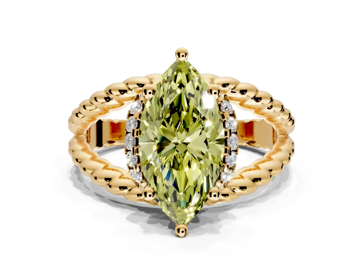 Halo Engagement Ring Setting for Fancy Yellow Marquise Center with Rope Twist Split Shank and Prong Head in Yellow Gold