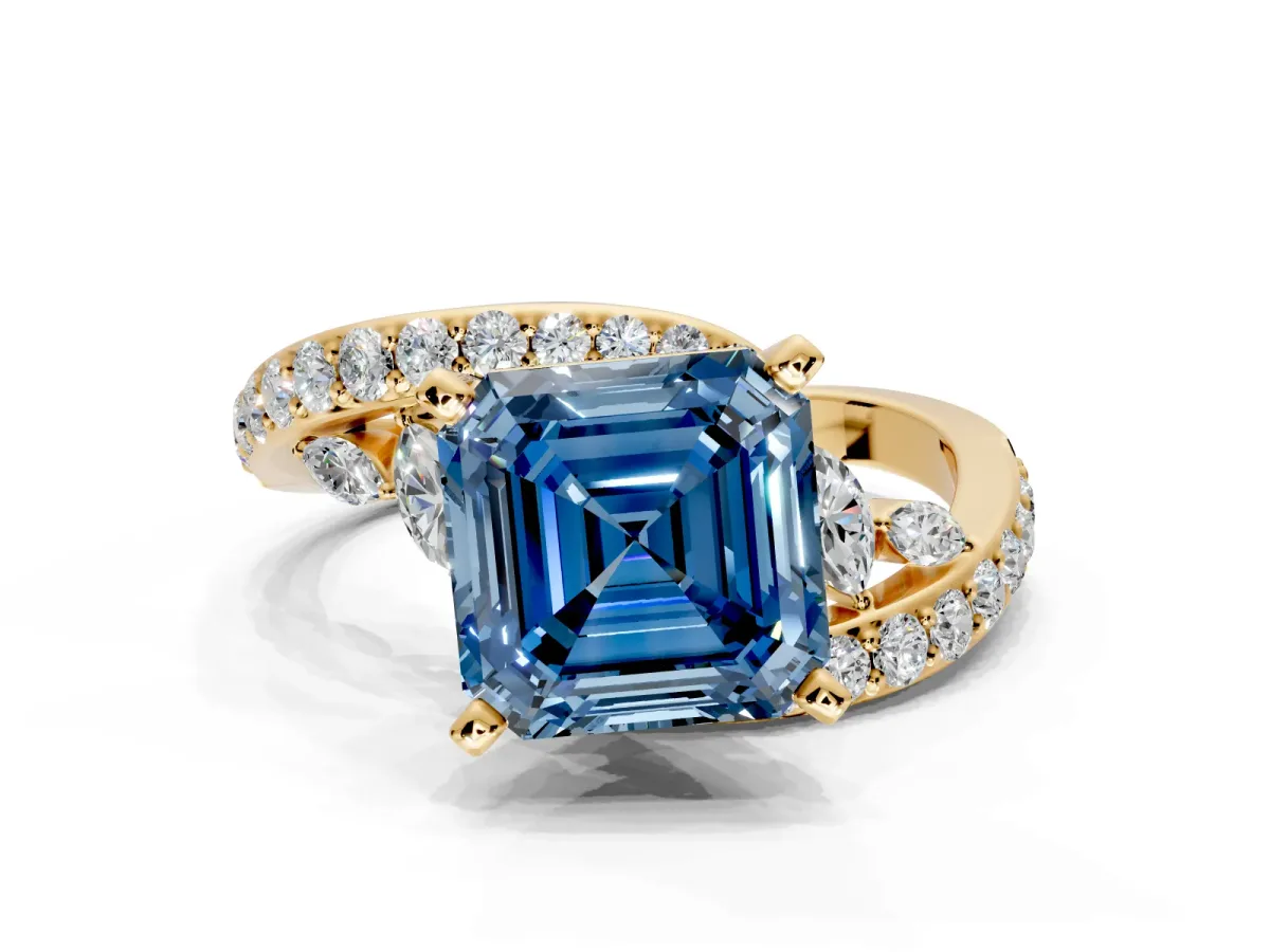 Solitaire Engagement Ring Setting for Fancy Blue Asscher Cut Center with Pave Bypass Twist Band and Prong Head in Yellow Gold