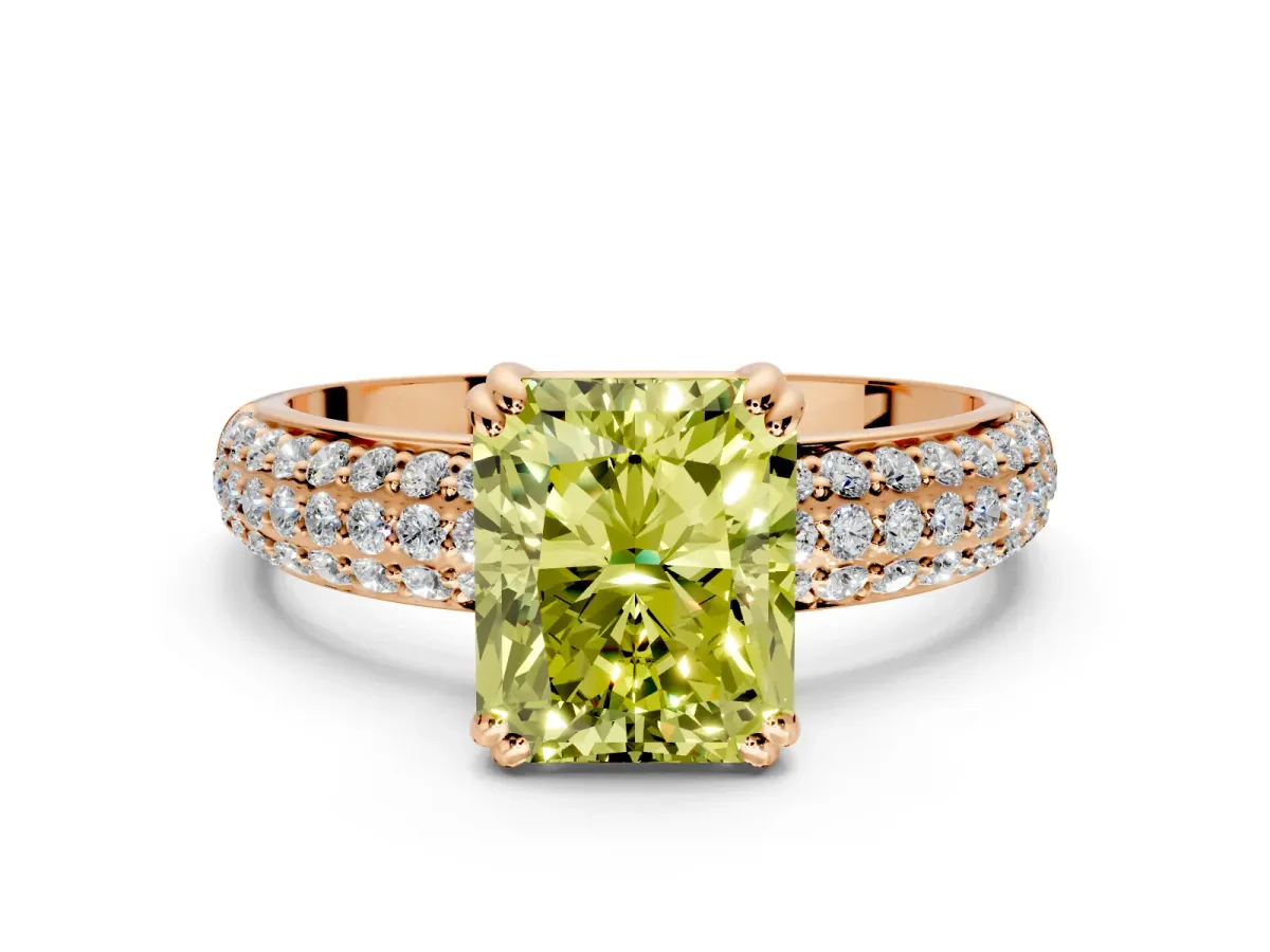 Solitaire Engagement Ring Setting for Fancy Yellow Radiant Cut Center with Multi-Row Pave Accents and Basket Head in Rose Gold