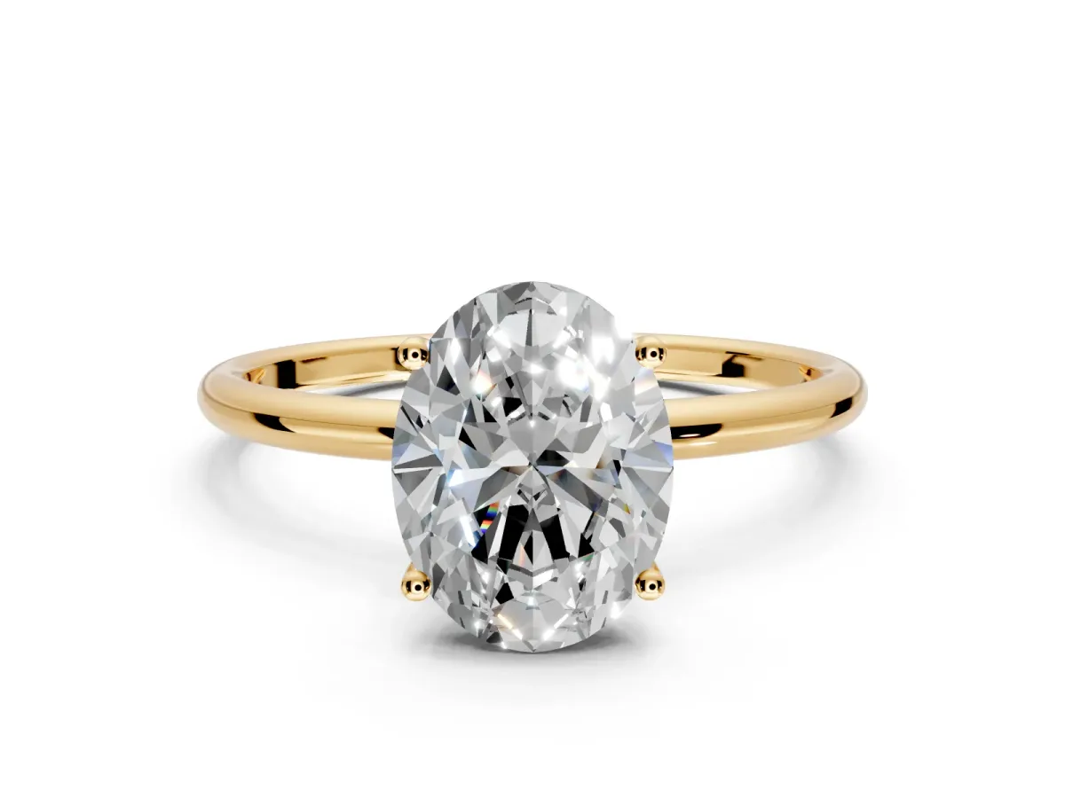 Solitaire Engagement Ring Setting for Oval Center with Straight Thin Band and Prong Head in Yellow Gold