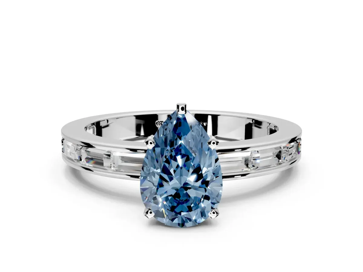 Solitaire Engagement Ring Setting for Fancy Blue Pear-Shaped Center with Channel Baguette Band and Prong Head in Sterling Silver