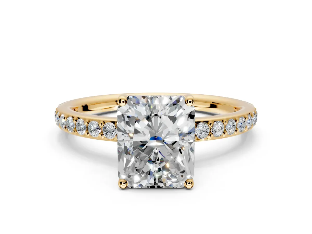 Solitaire Engagement Ring Setting for Radiant Cut Center with Fine Pave Band and Prong Head in Yellow Gold