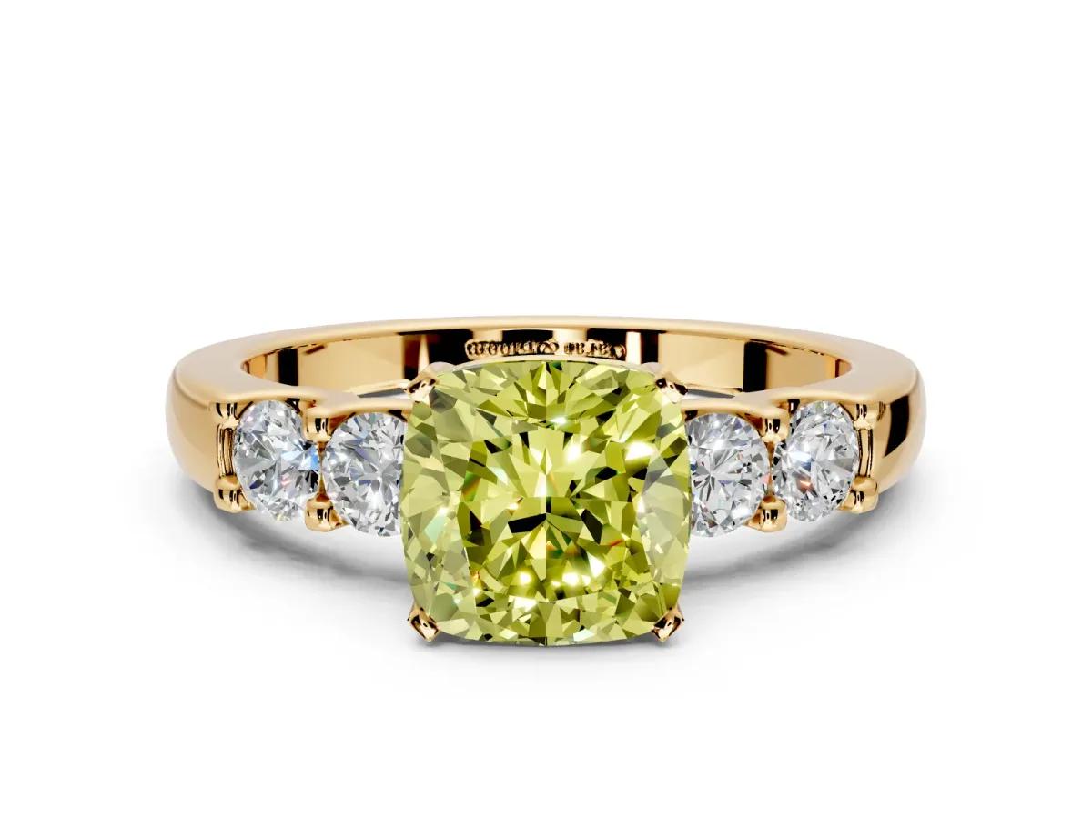 5 Stone Engagement Ring Setting for Fancy Yellow Cushion Cut Center with Plain Band and Prong Head in Yellow Gold