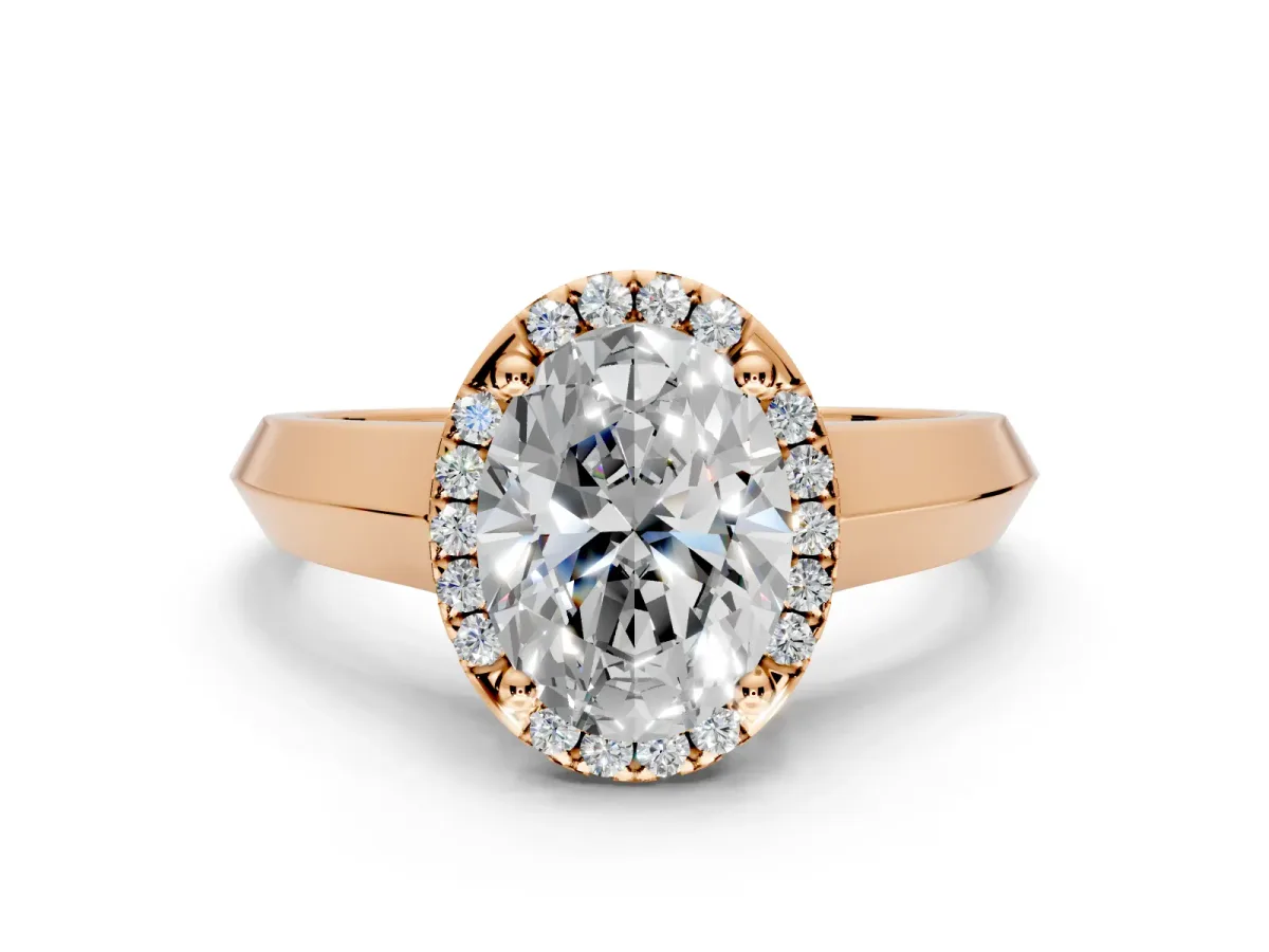 Halo Engagement Ring Setting for Oval Center with Knife Ridge Cathedral Band and Prong Head in Rose Gold
