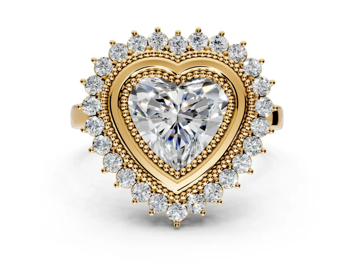 Halo Engagement Ring Setting for Heart-Shaped Center with Milgrain Bezel Rim, Plain Band and Prong Head in Yellow Gold