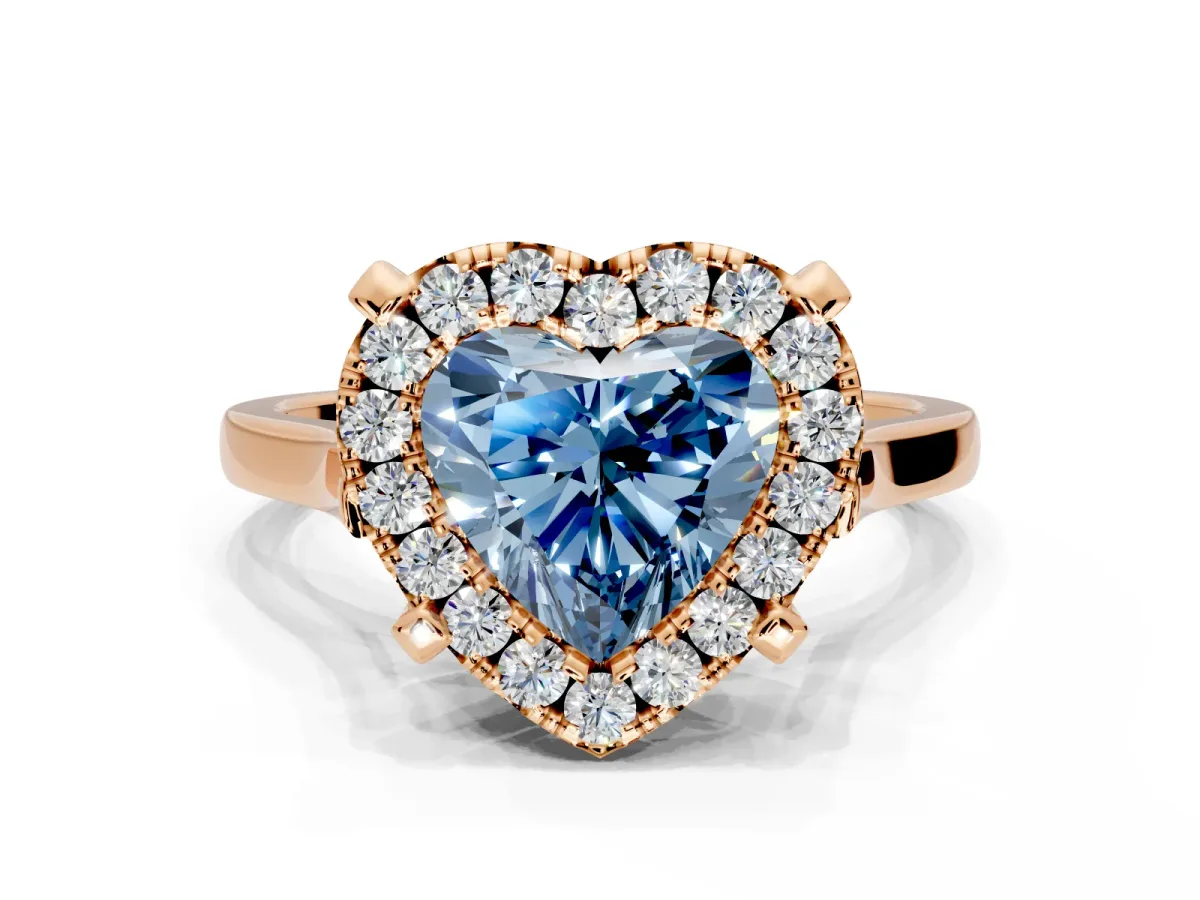 Single Halo Engagement Ring Setting for Fancy Blue Heart-Shaped Center with Corner Claws, Plain Band and Prong Head in Rose Gold