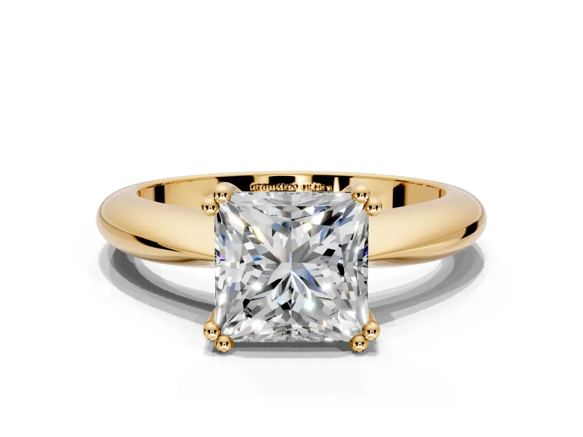 Solitaire Engagement Ring Setting for Princess Cut Center with Reverse Tapered Band and Prong Head in Yellow Gold