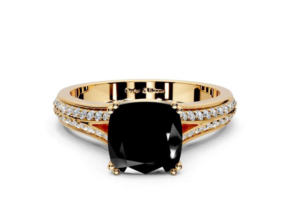 Solitaire Engagement Ring Setting for Fancy Black Cushion Cut Center with Pave Rail Split Shank and Prong Head in Yellow Gold