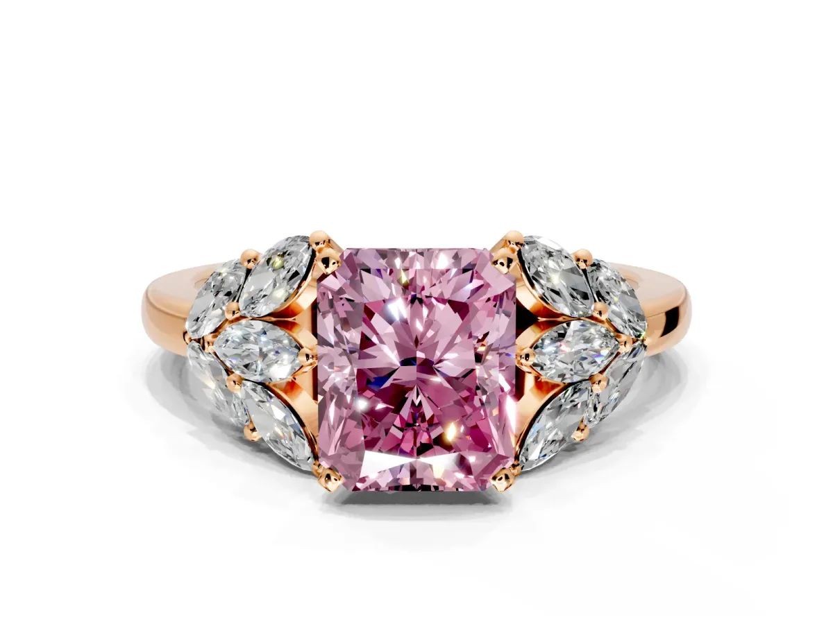 Leaf Cluster Engagement Ring Setting for Fancy Pink Radiant Cut Center with Marquise Accents and Prong Head in Rose Gold