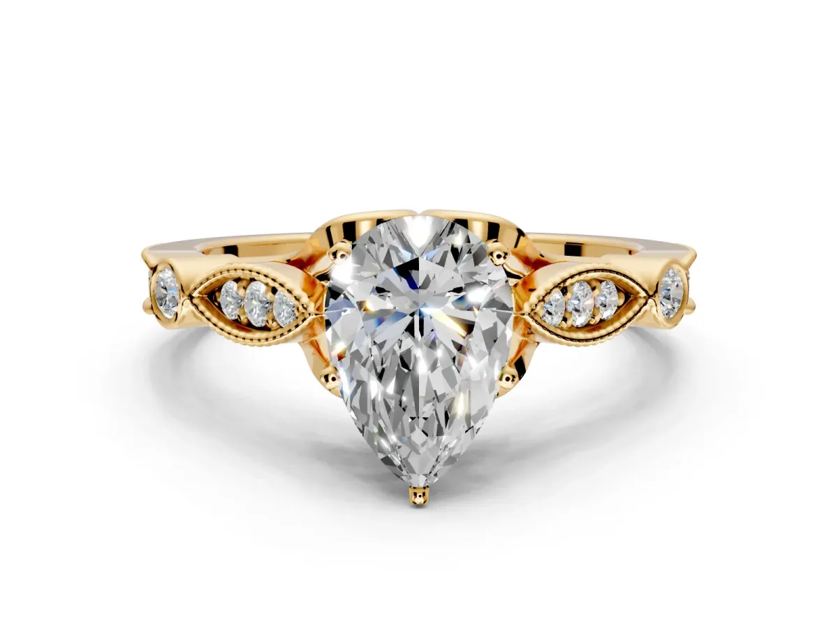 Solitaire Engagement Ring Setting for Pear-Shaped Center with Marquise and Bezel Accents and Prong Head in Yellow Gold