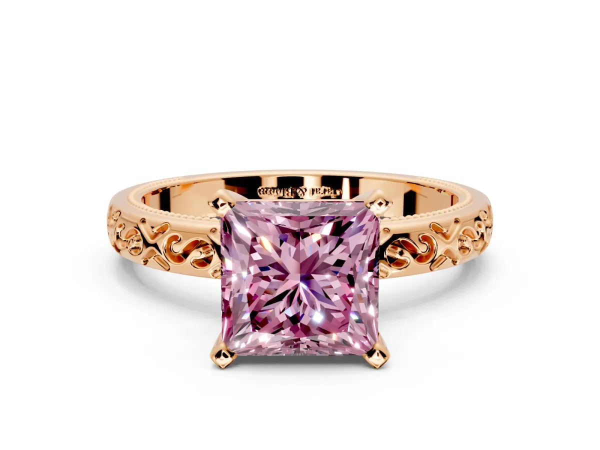 Solitaire Engagement Ring Setting for Fancy Pink Princess Cut Center with Scrollwork Band and Prong Head in Rose Gold
