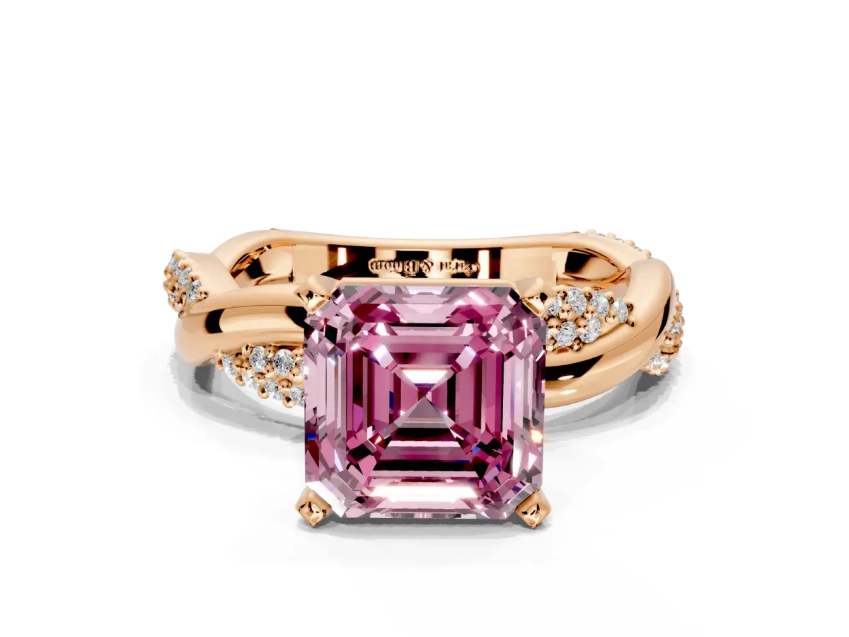 Solitaire Engagement Ring Setting for Fancy Pink Asscher Cut Center with Pave and Plain Crossover and Basket Head in Rose Gold