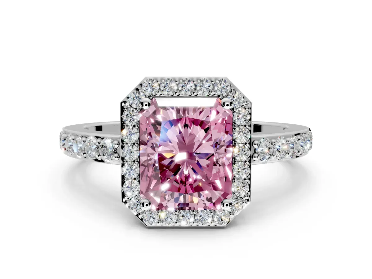 Halo Engagement Ring Setting for Fancy Pink Radiant Cut Center with Heart-Shaped Openwork, Pave Band and Prong Head in Platinum