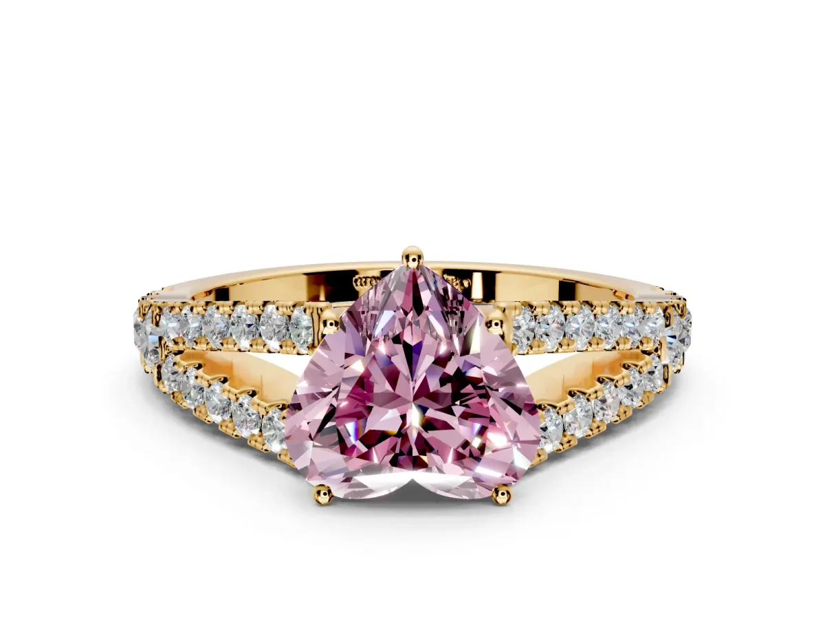 Solitaire Engagement Ring Setting for Fancy Pink Heart-Shaped Center with Pave Split Shank and Prong Head in Yellow Gold