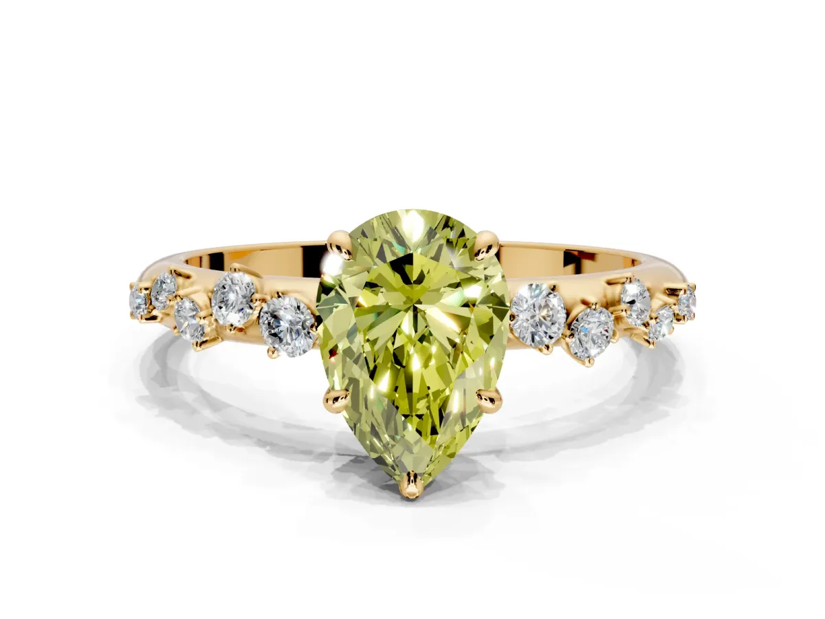 Cluster Engagement Ring Setting for Fancy Yellow Pear-Shaped Center with Round Cut Accent Band and Prong Head in Yellow Gold