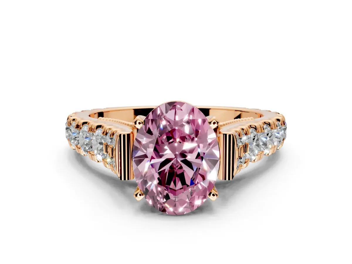 Solitaire Engagement Ring Setting for Fancy Pink Oval Center with Pave Cathedral Shoulders and Prong Head in Rose Gold