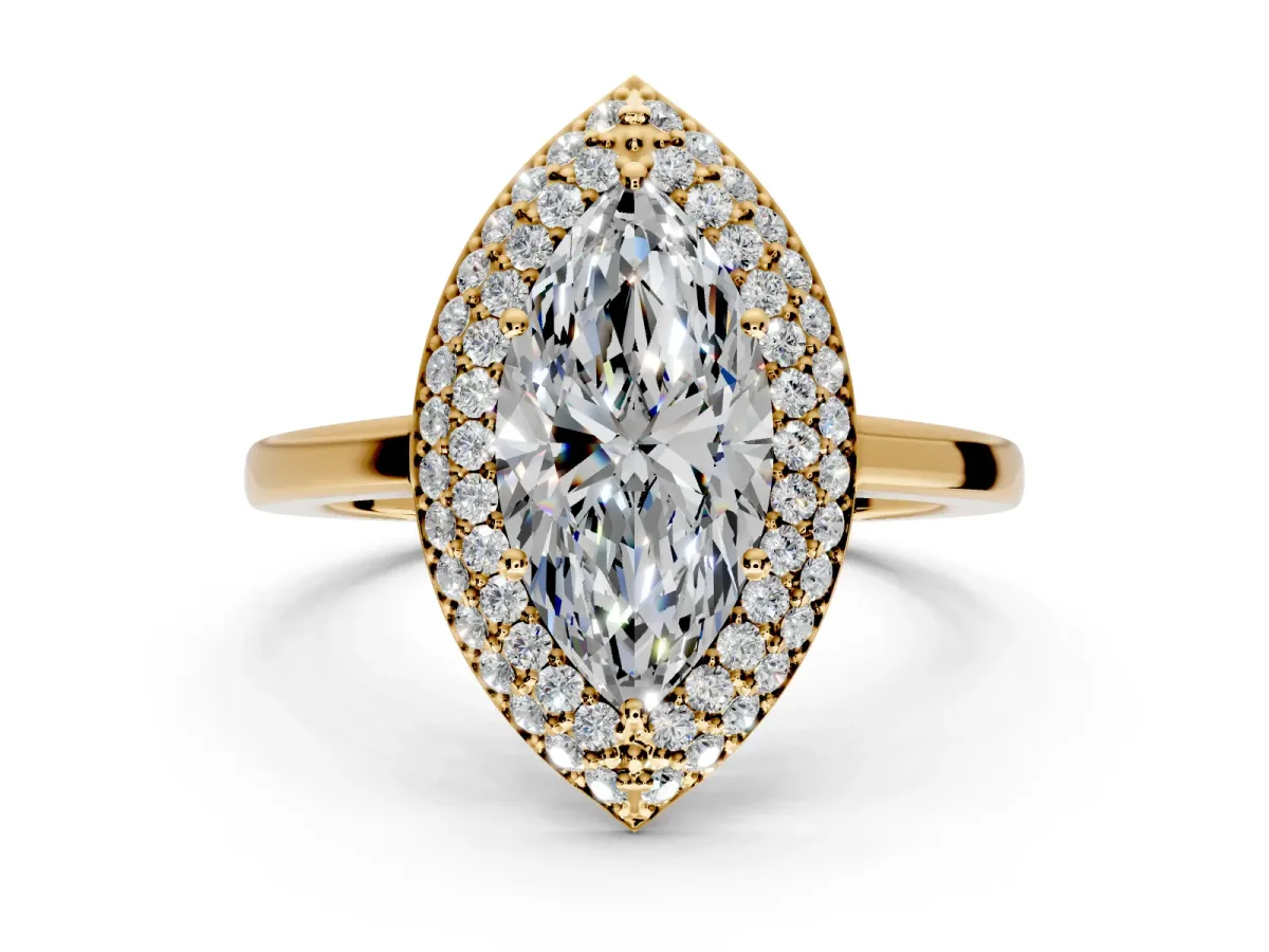 Halo Engagement Ring Setting for Marquise Center with Plain Tapered Band and Prong Head in Yellow Gold
