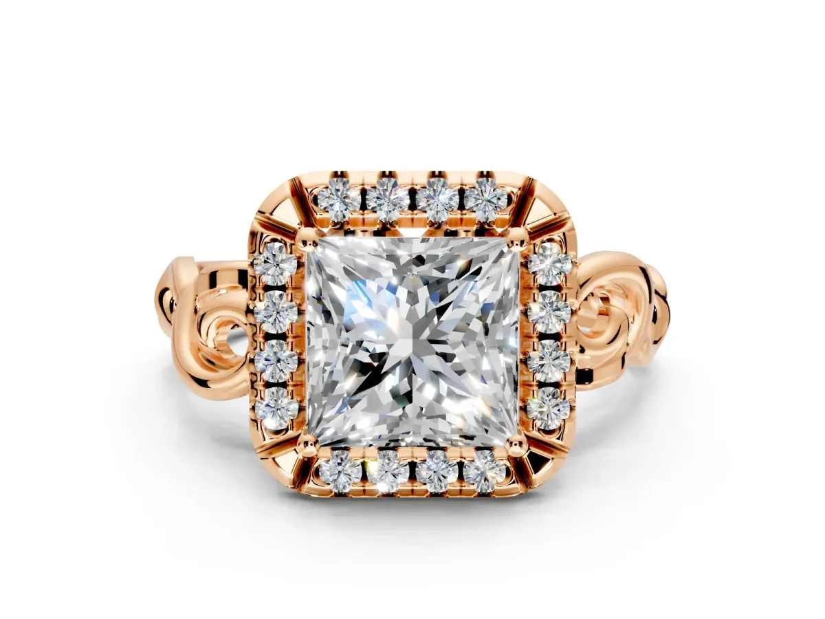 Halo Engagement Ring Setting for Princess Cut Center with Open Scroll Shoulders and Prong Head in Rose Gold