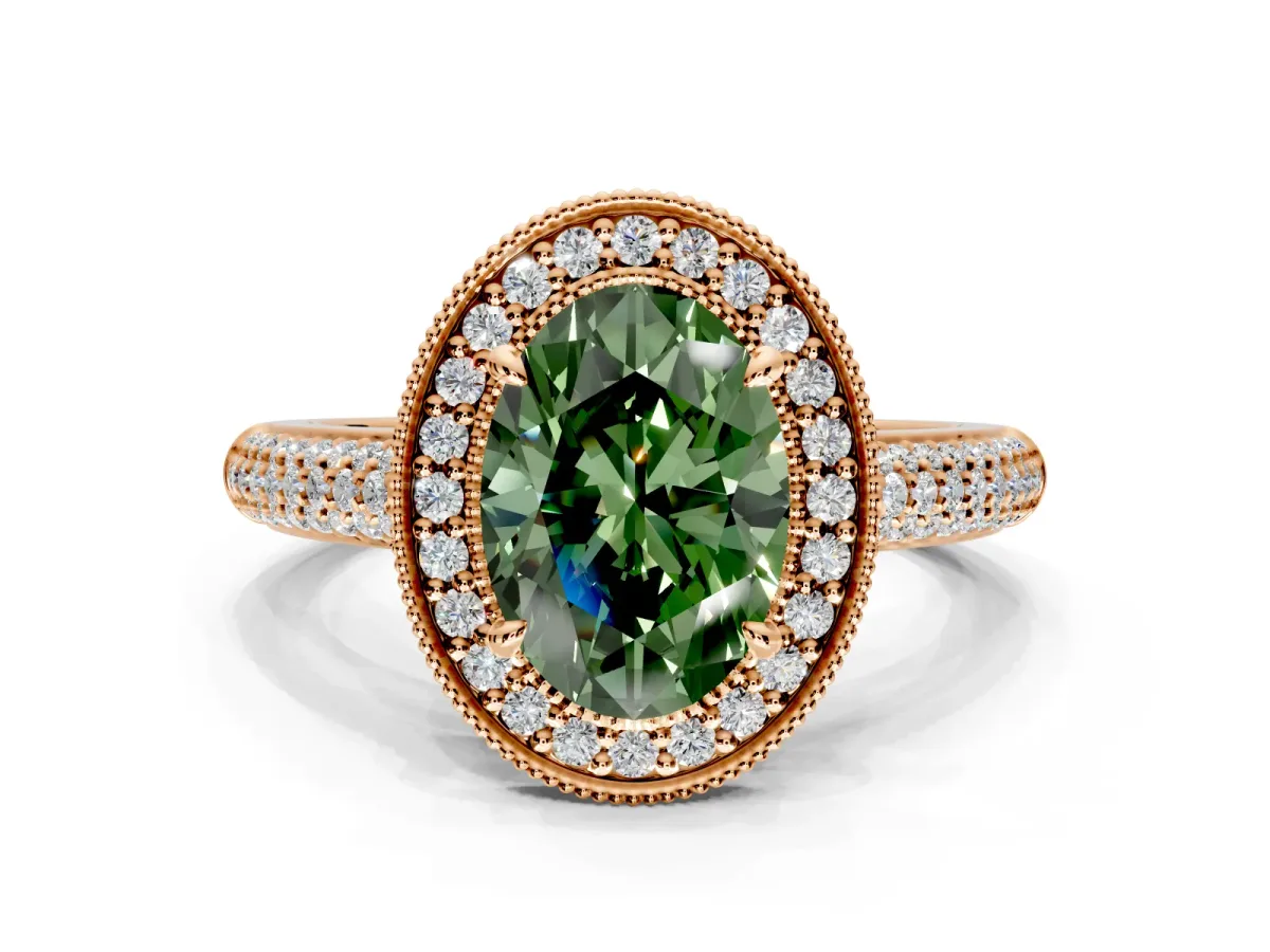 Milgrain Halo Engagement Ring Setting for Fancy Green Oval Center with Three-Sided Pave Band and Prong Head in Rose Gold