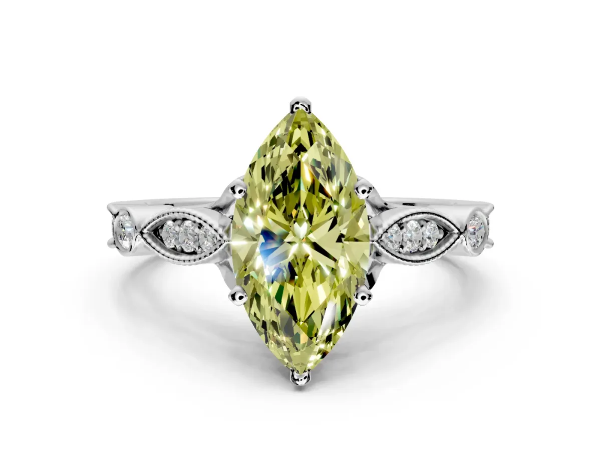 Solitaire Engagement Ring Setting for Fancy Yellow Marquise Center with Marquise and Bezel Accents and Prong Head in White Gold