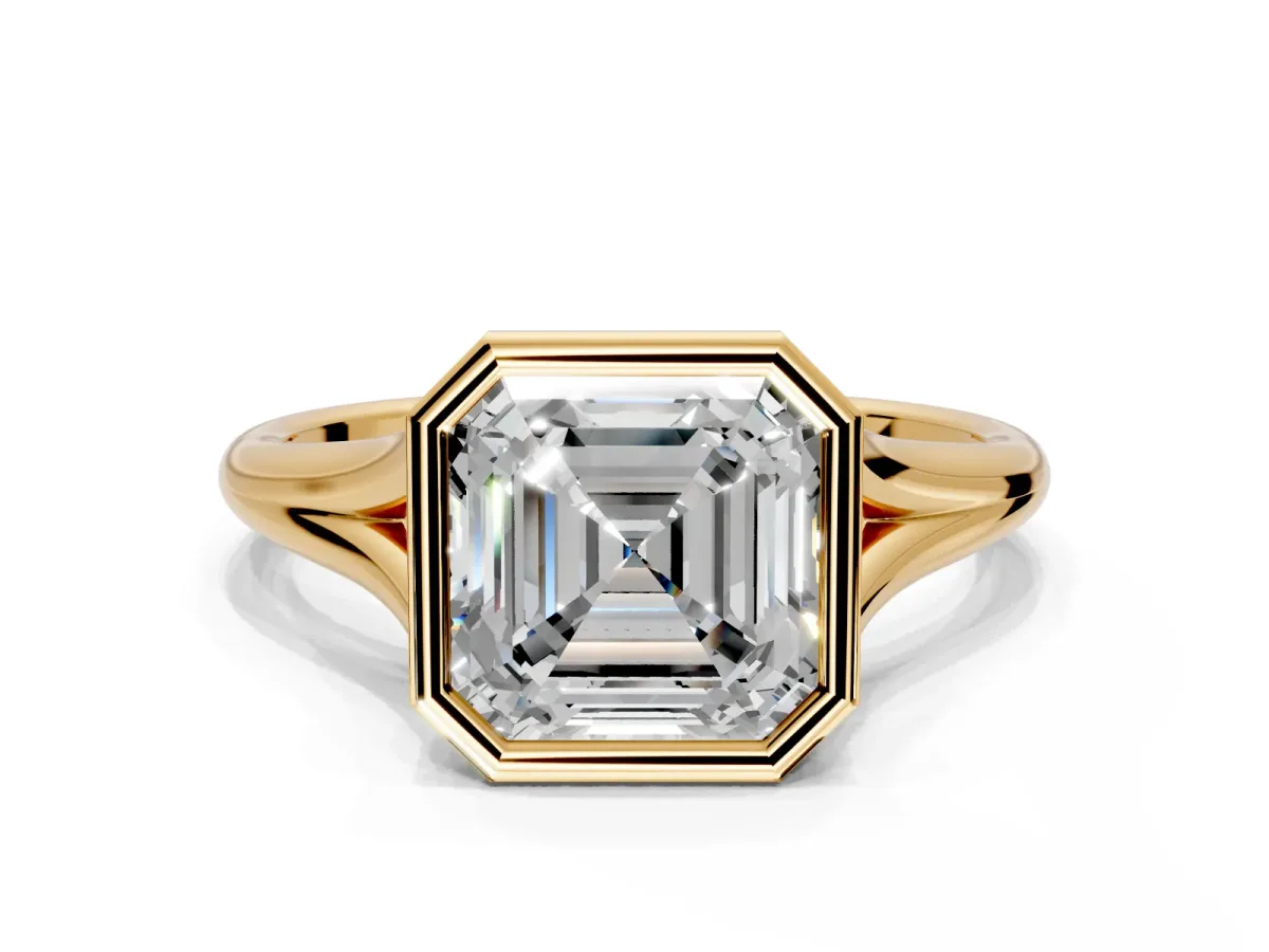 Solitaire Engagement Ring Setting for Asscher Cut Center with V Split Shank and Bezel Head in Yellow Gold