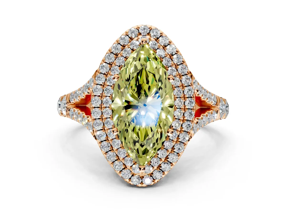 Double Halo Engagement Ring Setting for Fancy Yellow Marquise Center with Narrow Pave Split Shank and Prong Head in Rose Gold