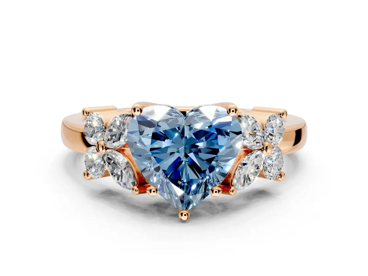 Floral Engagement Ring Setting for Fancy Blue Heart-Shaped Center with Marquise Cluster Shoulders and Prong Head in Rose Gold