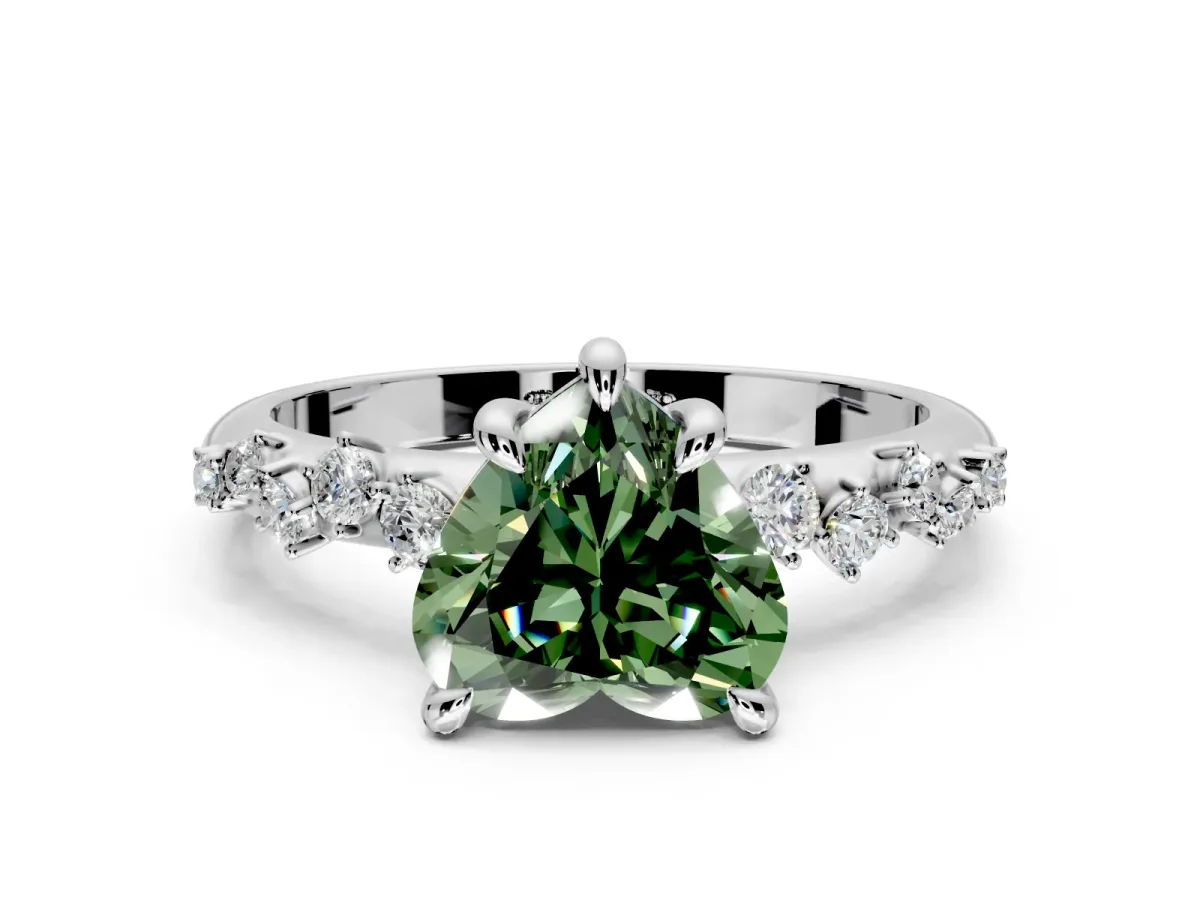 Solitaire Engagement Ring Setting for Fancy Green Heart-Shaped Center with Trailing Leaf Accent Band and Prong Head in Sterling Silver