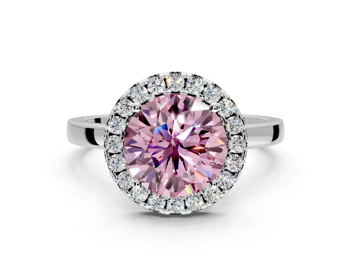 Halo Engagement Ring Setting for Fancy Pink Round Cut Center with Thin Plain Band and Prong Head in White Gold