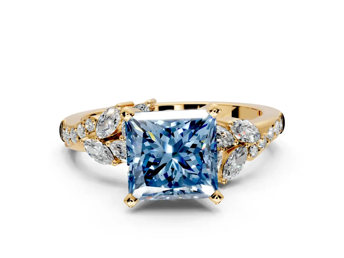 Solitaire Engagement Ring Setting for Fancy Blue Princess Cut Center with Marquise Accent Twist Band and Prong Head in Yellow Gold