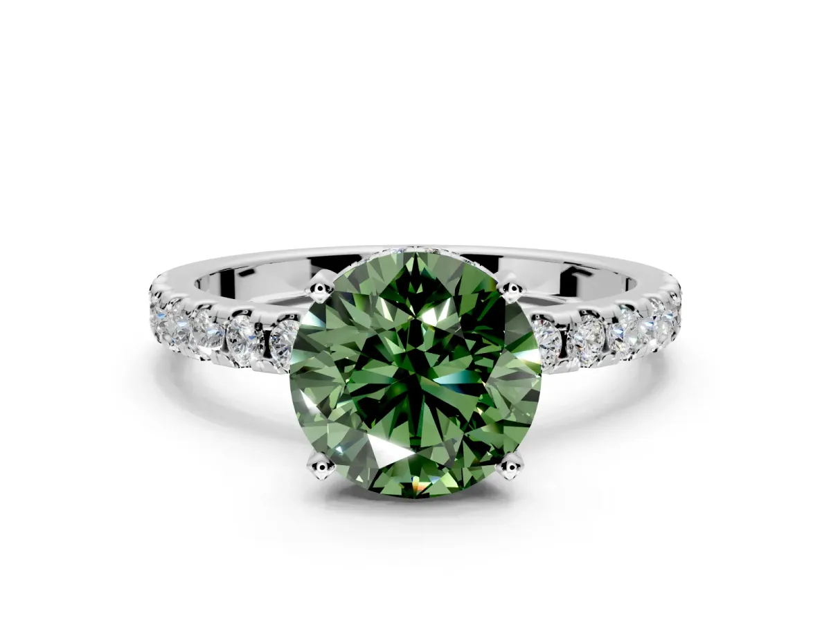Solitaire Engagement Ring Setting for Fancy Green Round Cut Center with Band of Accents and Prong Head in Platinum