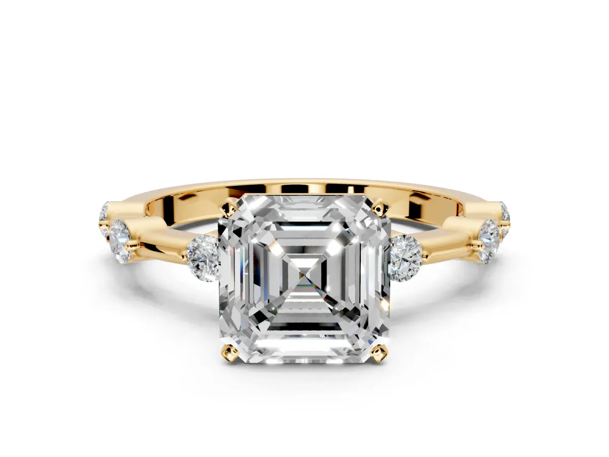 Solitaire Engagement Ring Setting for Asscher Cut Center with Bezel Station Band and Prong Head in Yellow Gold