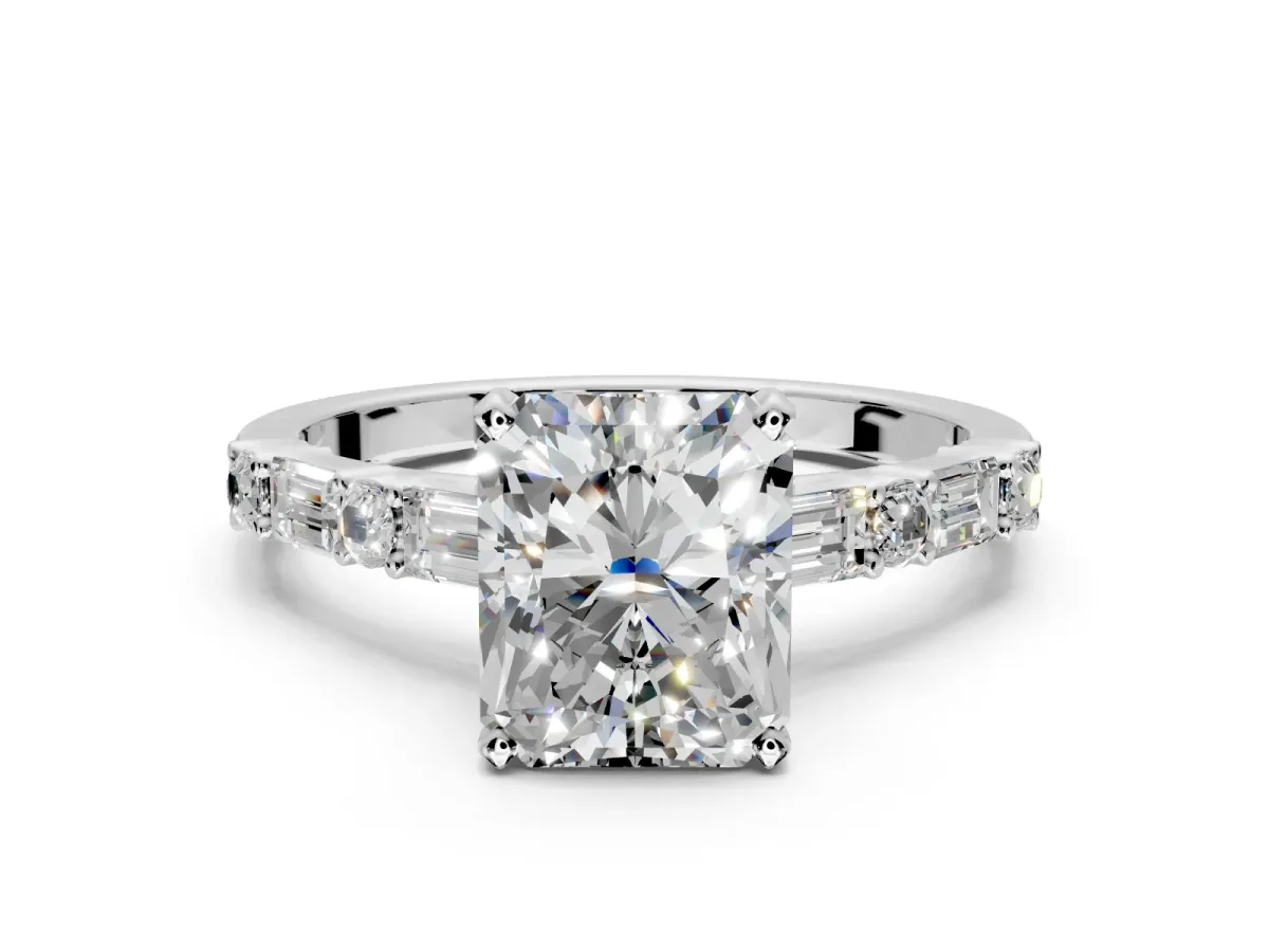 Baguette Engagement Ring Setting for Radiant Cut Center with Alternating Bar-Set Band and Prong Head in Sterling Silver