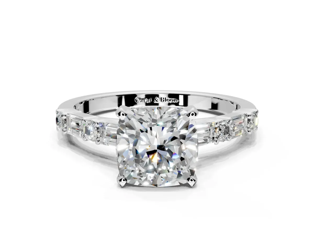 Baguette Engagement Ring Setting for Cushion Cut Center with Alternating Bar-Set Band and Prong Head in White Gold