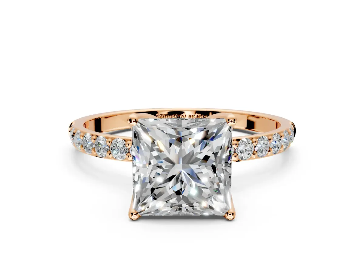 Solitaire Engagement Ring Setting for Princess Cut Center with Fine Pave Accents and Prong Head in Rose Gold