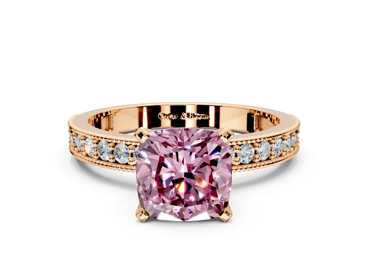 Milgrain Pave Engagement Ring Setting for Fancy Pink Cushion Cut Center with Accent Band and Prong Head in Rose Gold