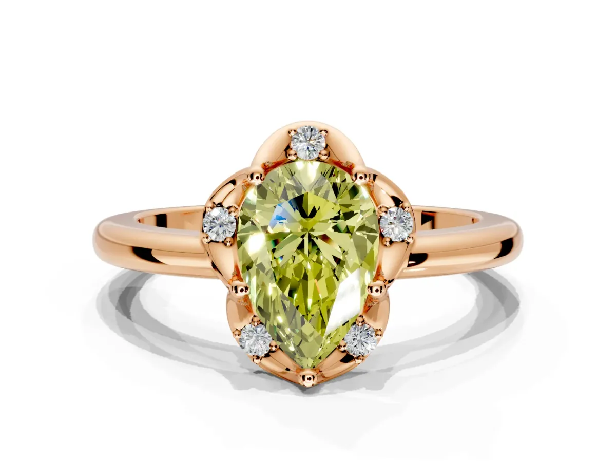 Floral Frame Engagement Ring Setting for Fancy Yellow Pear-Shaped Center with Accent Clusters and Prong Head in Rose Gold