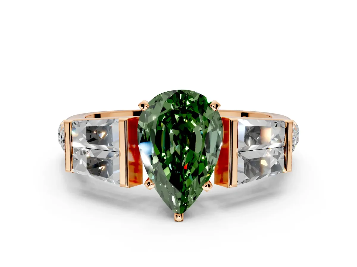 Channel-Set Engagement Ring Setting for Fancy Green Pear-Shaped Center with Baguette Band and Prong Head in Rose Gold