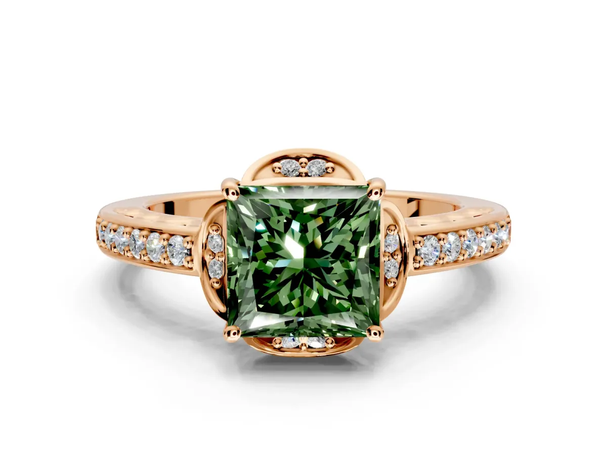 Floral Engagement Ring Setting for Fancy Green Princess Cut Center with Four Accent Clusters and Prong Head in Rose Gold